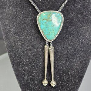 Navajo Turquoise On Silver BOLO Tie Hallmarked K E E with Sterling 925 Tips KEE